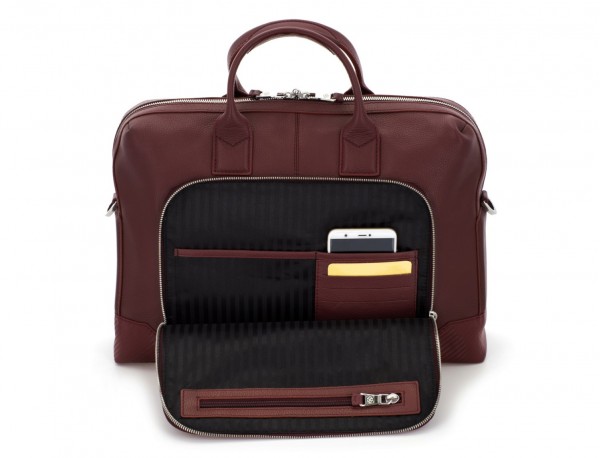 Leather briefbag in burgundy pockets