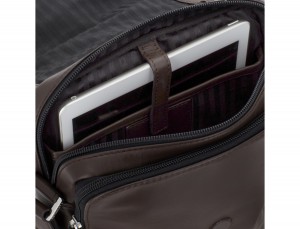 Leather crossbody bag with flap in brown tablet