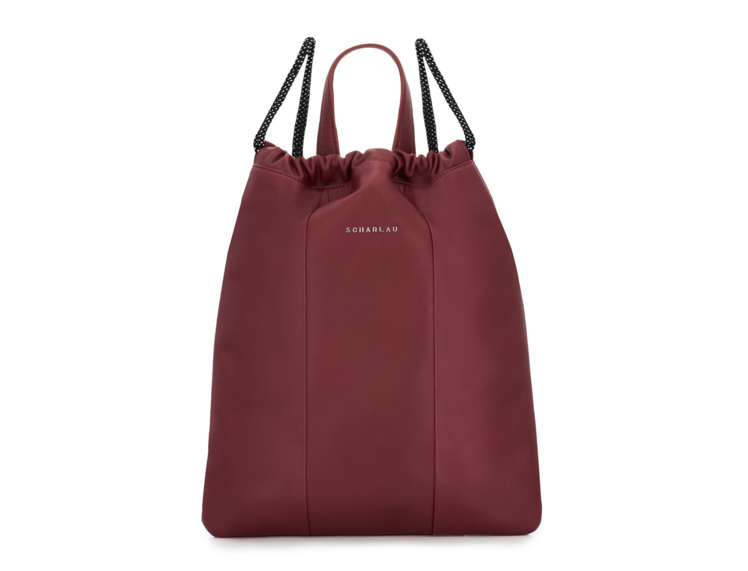 leather flat backpack in burgundy front