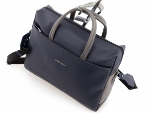 large leather briefbag in blue and gray cable