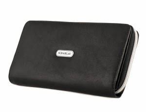 billetero grande de cuero para mujer con monedero color negro lateral