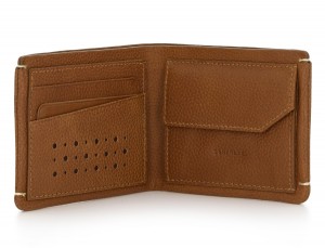 Mini portafoglio con portamonete in pelle marrone chiaro open