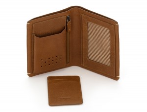 Portafoglio verticale con porta carte in pelle marrone chiaro open