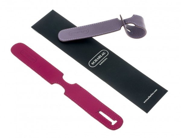 luggage recognition tags in Lila and fuchsia with packaging
