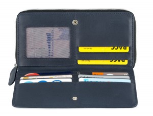 Leather women's wallet with coin pocket in blue open