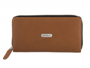 billetero grande de cuero para mujer con monedero color camel frontal