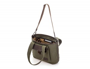 Shopping bag for woman in canvas and leather in green inside