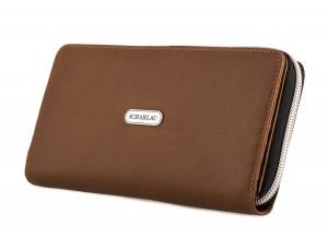 billetero grande de cuero para mujer con monedero color camel lateral