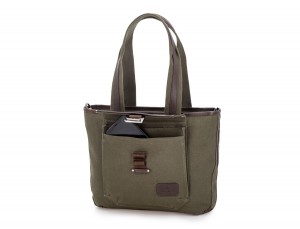 Shopping bag for woman in canvas and leather in green front detail