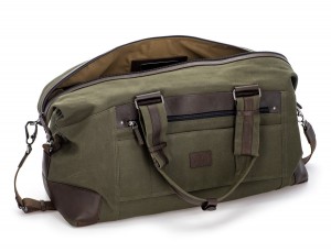 Duffle travel bag in canvas and leather in green open