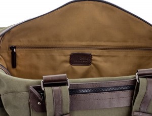 Duffle travel bag in canvas and leather in green inside