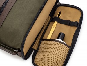 Large toiletry bag in canvas and leather in green compartment