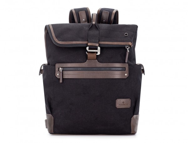 Backpack with flap in canvas and leather in black front