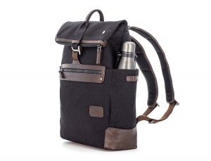 Backpack with flap in canvas and leather in black side