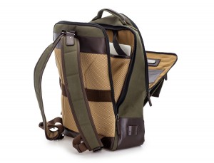 backpack in canvas and leather in green laptop compartment