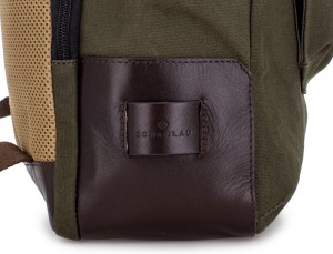 Zaino a due scomparti in canvas e pelle in verde leather detail side