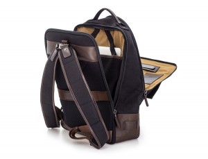 Zaino a due scomparti in canvas e pelle in nero laptop compartment