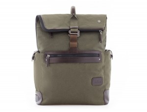 Backpack with flap in canvas and leather in green front
