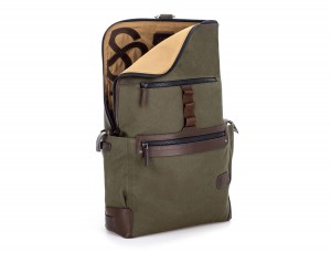 Backpack with flap in canvas and leather in green open