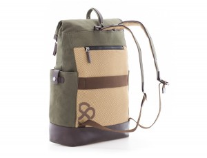 Backpack with flap in canvas and leather in green back