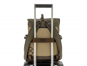 Backpack with flap in canvas and leather in green trolley