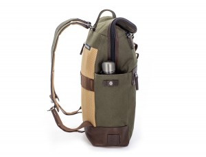 Backpack with flap in canvas and leather in green bottle pocket
