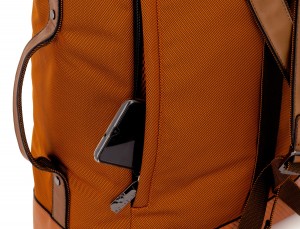 travel backpack tube in orange detail phone compartment