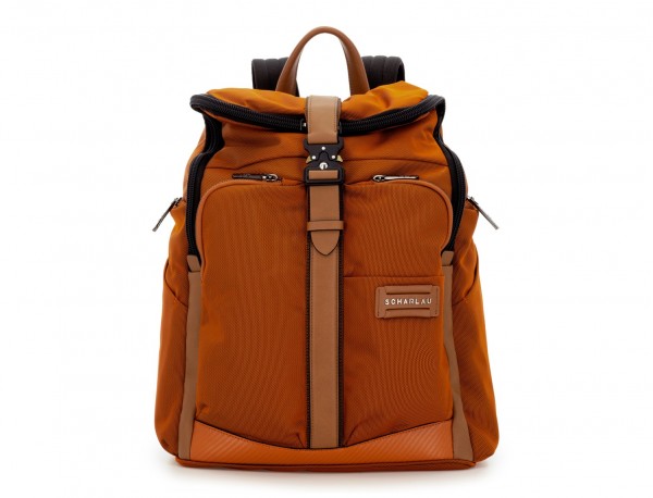 Travel backpack with flap in orange frontal