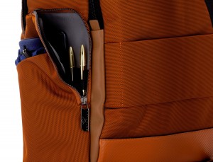 Travel backpack with flap in orange detail pockets