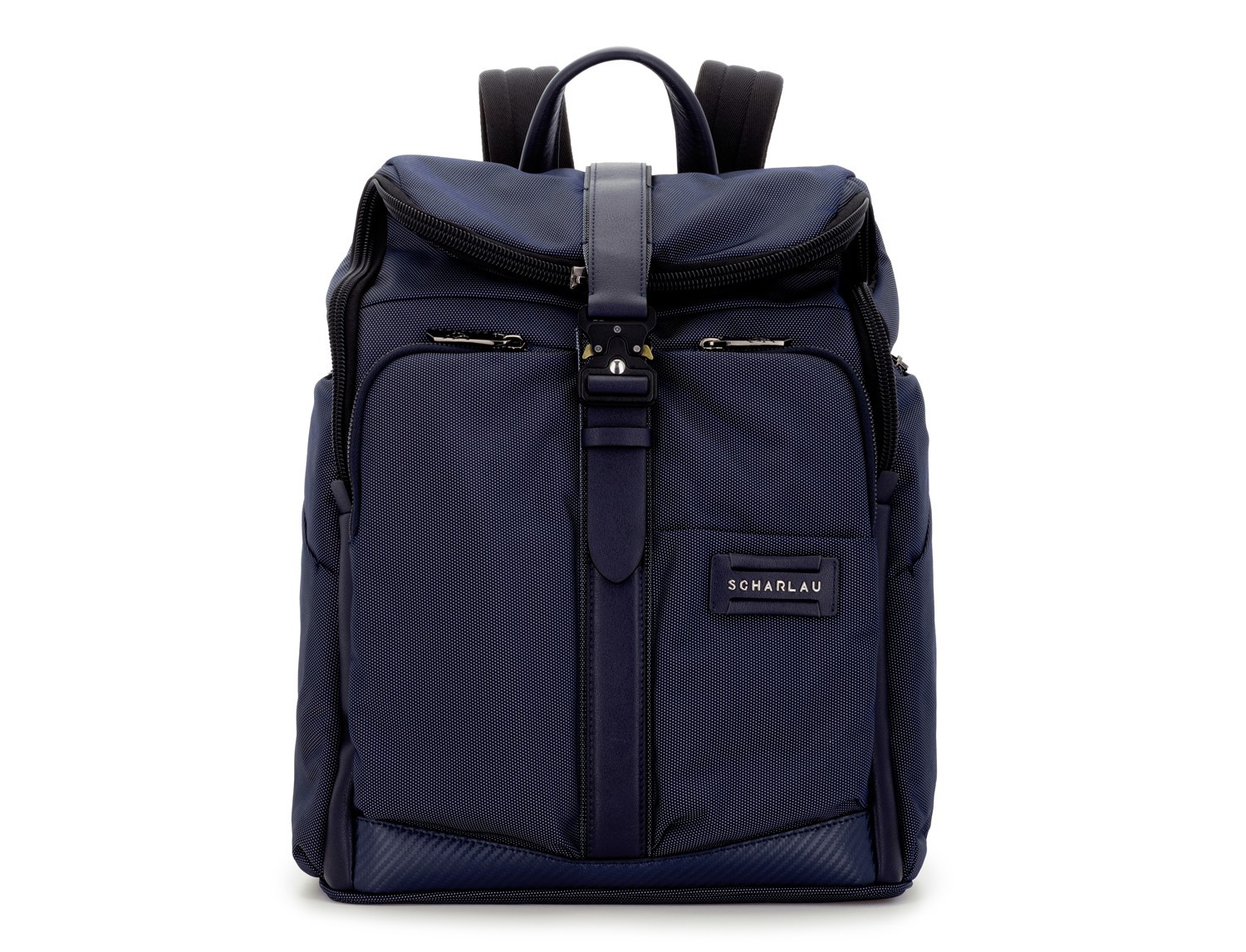 Travel backpack with flap in blue front