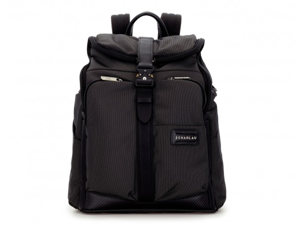 Travel backpack with flap in anthracite black front