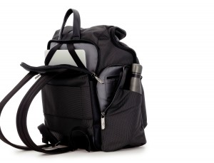 Travel backpack with flap in anthracite black side