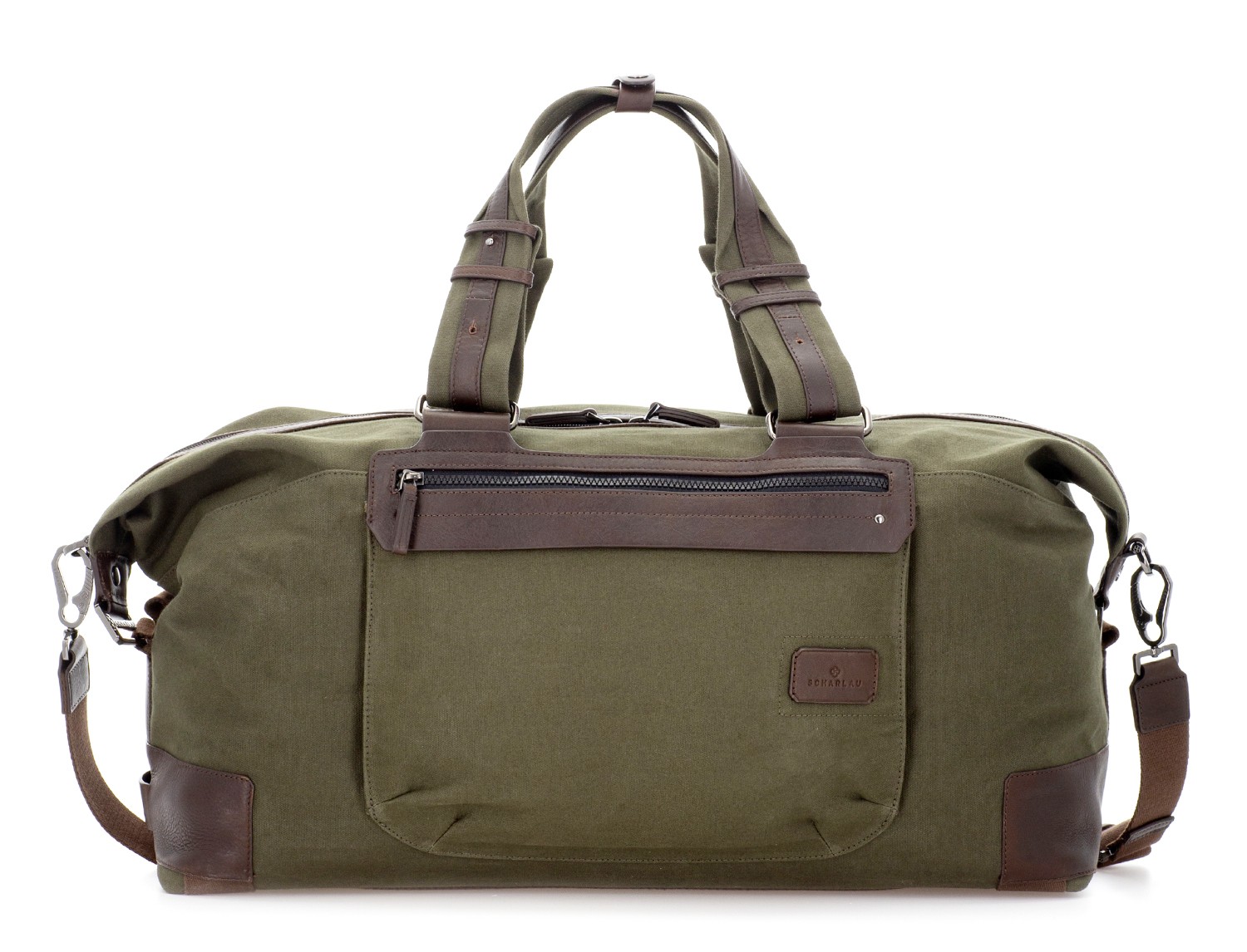 Duffle travel bag in canvas and leather in green front
