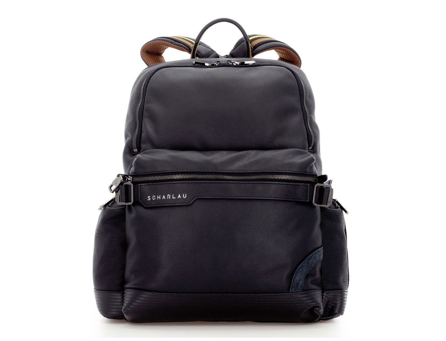 leather laptop backpack front