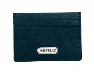 Leather credit card holder in blue front