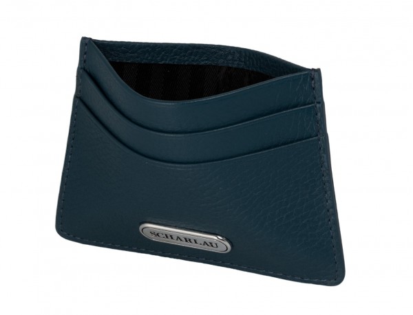Leather credit card holder in blue open