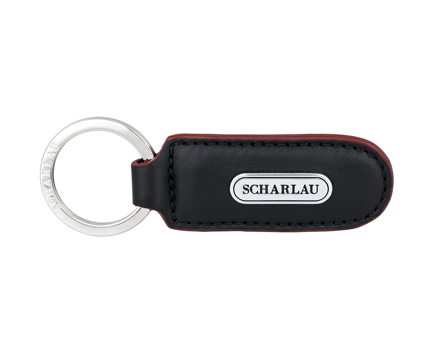 Leather elongate keyring in black with red front