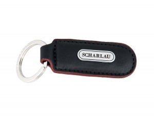 Leather elongate keyring in black with red side