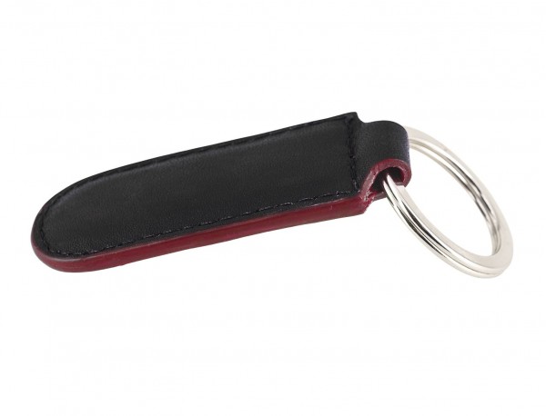 Leather elongate keyring in black and red back