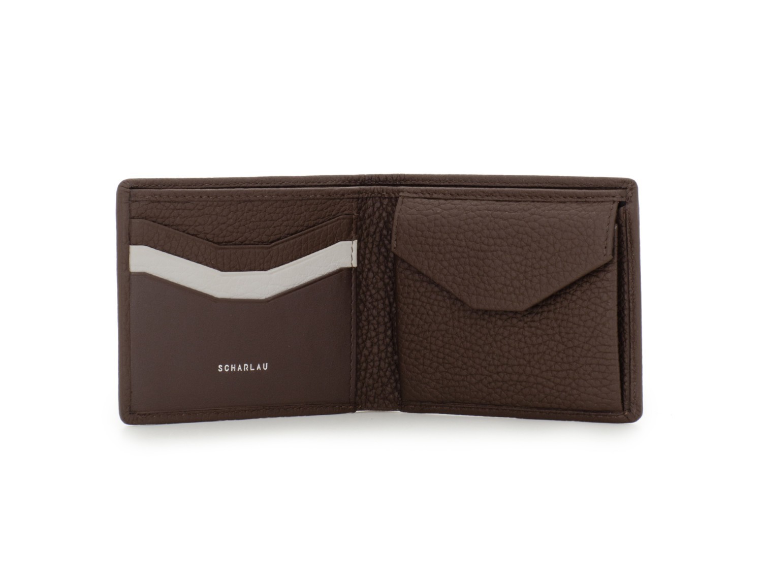 Mini portafoglio con portamonete in pelle marrone open