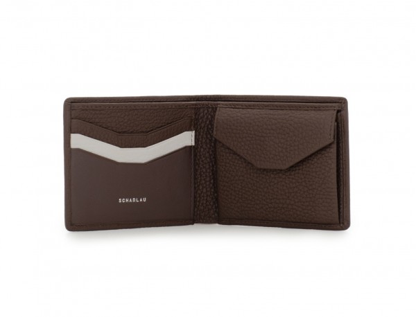 Mini portafoglio con portamonete in pelle marrone open