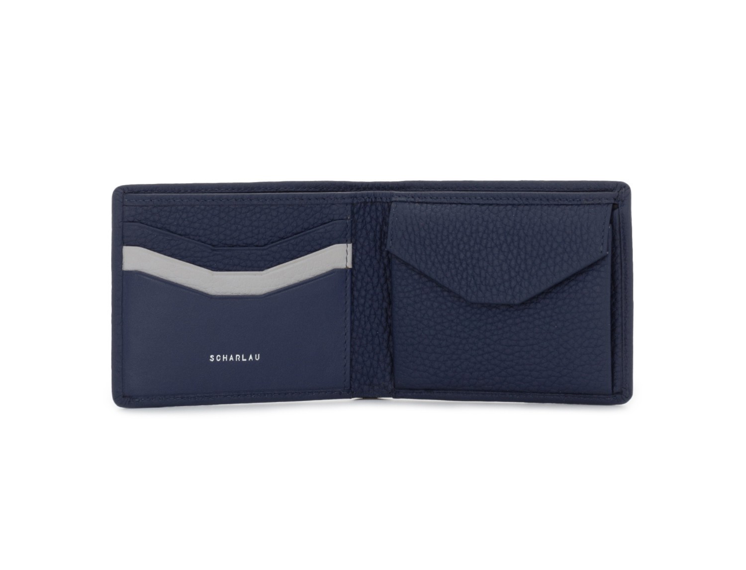 Mini portafoglio con portamonete in pelle blu open